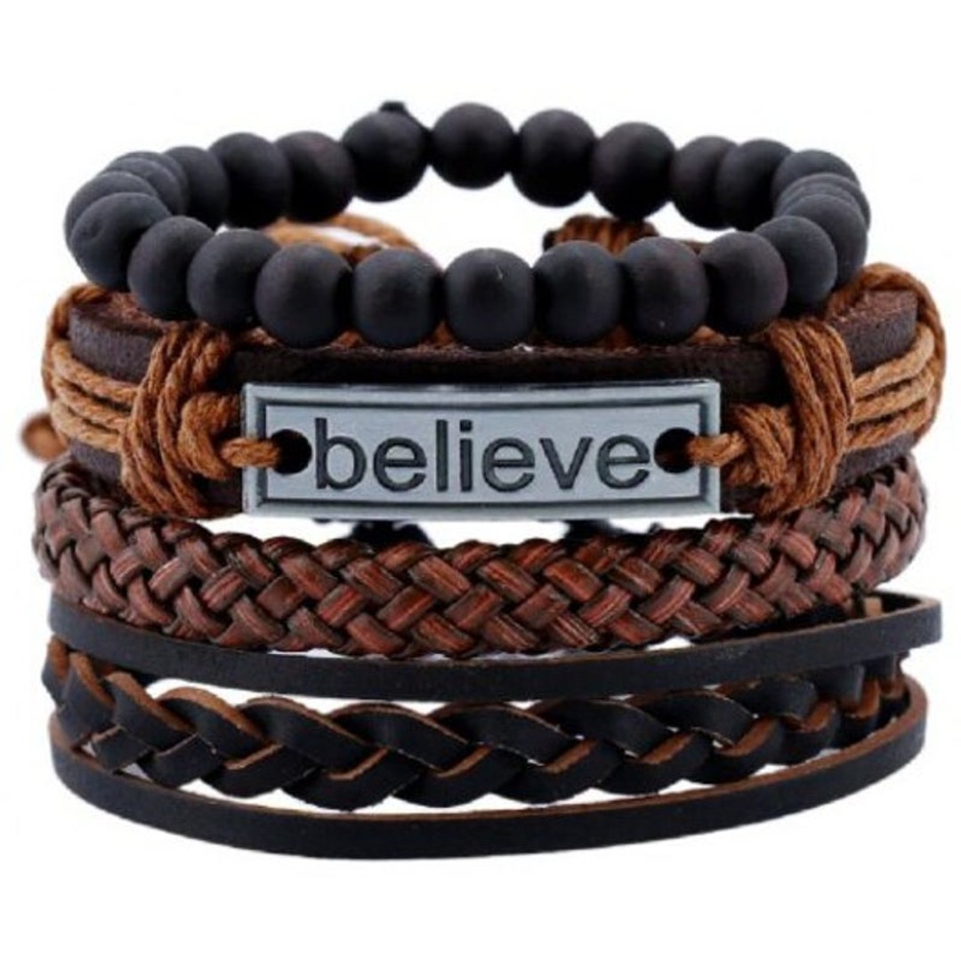 4 Pieces Beads Braided Leather Believe Charm Bracelet For Men Deep Coffee