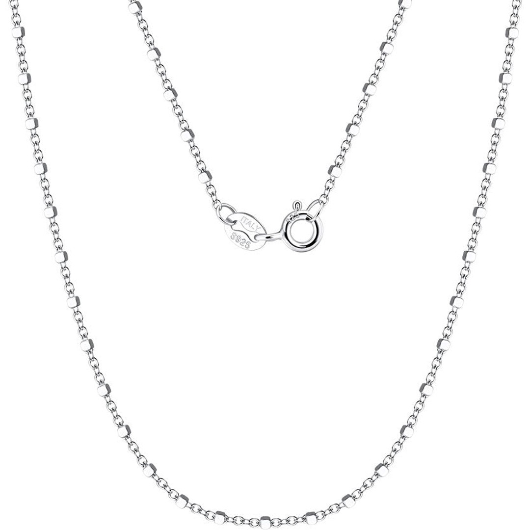 925 Sterling Silver cable chain with Square Beads Necklace