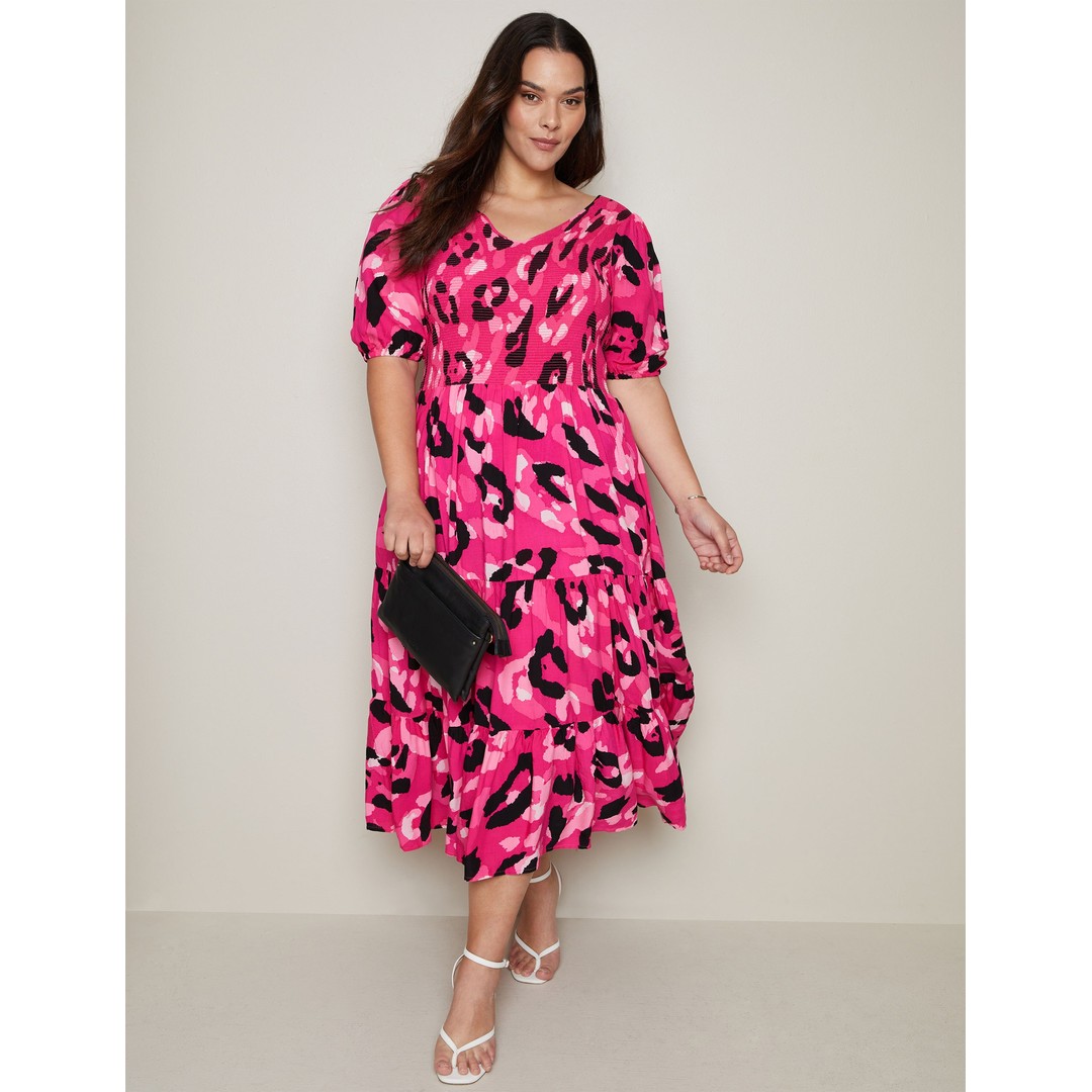 AUTOGRAPH - Plus Size - Womens Midi Dress - Pink - Summer Casual A Line Fashion - Pink Leopard - Short Sleeve - Animal Print - Women's Clothing
