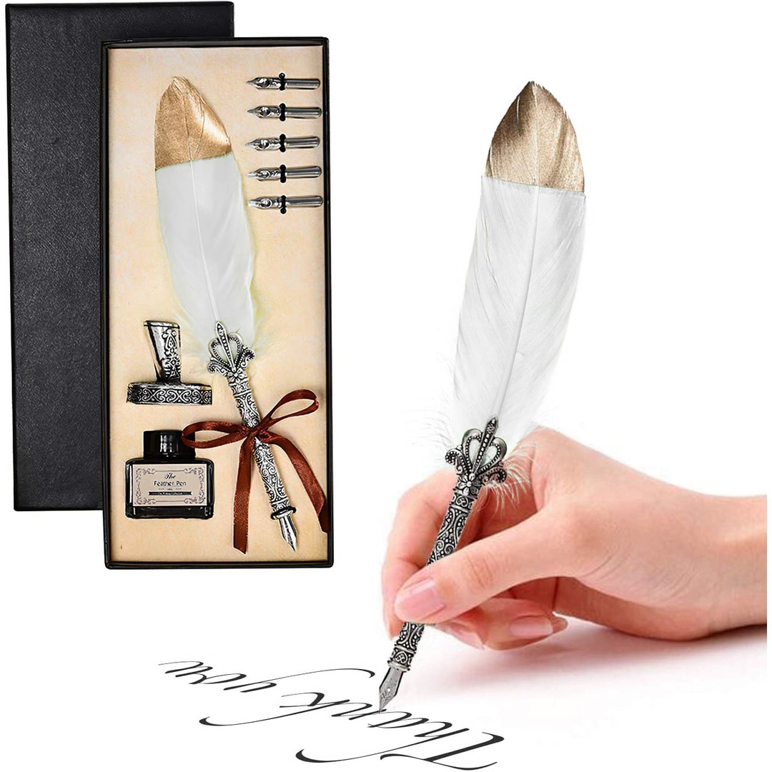 Vintage Feather Quill Pen with Ink Set