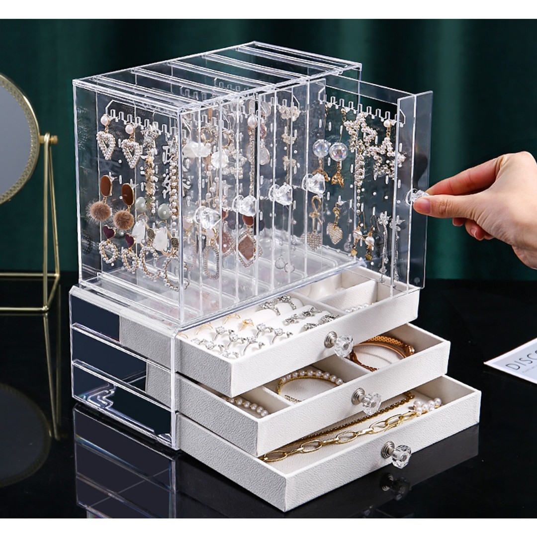 Acrylic Earring Holder and Jewelry Organizer 5 Slots 3 Drawers