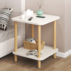 2-Tier Tall Square Wooden Side Table Bedside Table-White