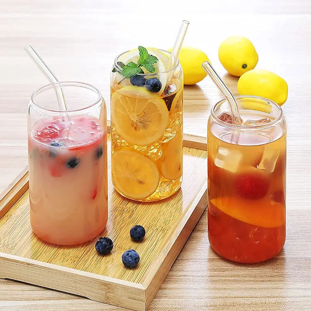 6 Pack Drinking Glass Cup with Bamboo Lid and Straw Set
