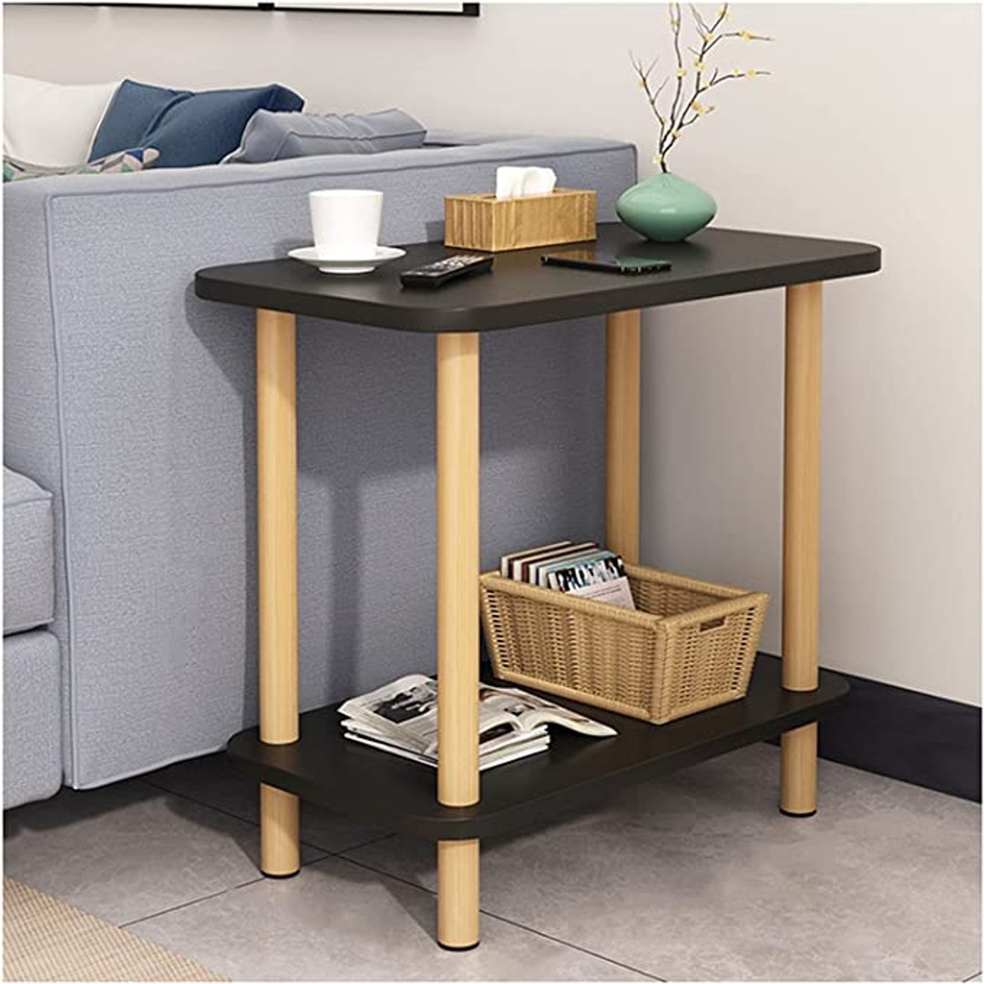 2-Tier Tall Rectangle  Wooden Side Table Bedside Table-Black
