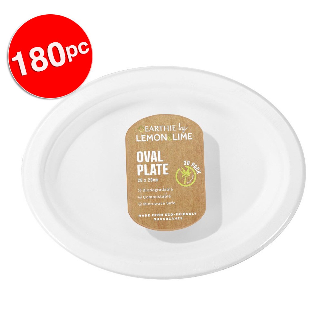 180pc Lemon & Lime Eco/Biodegradable/Compostable Disposable 26cm Oval Plate Whit