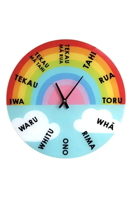 Squoodles Ltd Moana Road Te Reo Maori Glass Rainbow Clock 30cm
