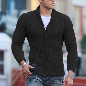 Men's Cable Knit Cardigan Button Down Warm Knit Jacket-Black