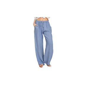 Women's Cotton Linen Drawstring Pants with Pockets-Light Blue