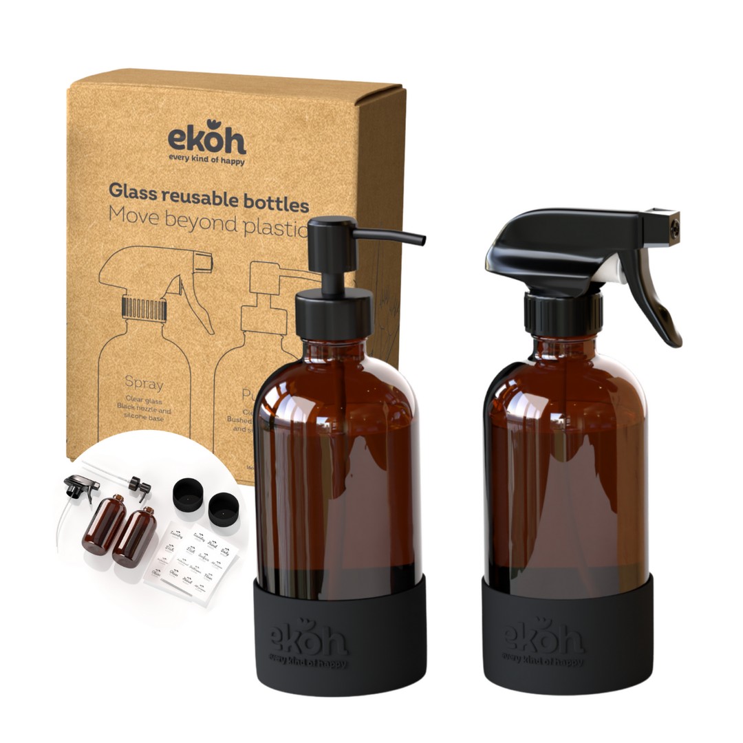 EKOH Amber Glass Soap Dispenser Spray Bottle Set of 2 - Refillable & Reusable Cleaning Bottles with Silicone Base & Preprinted Labels