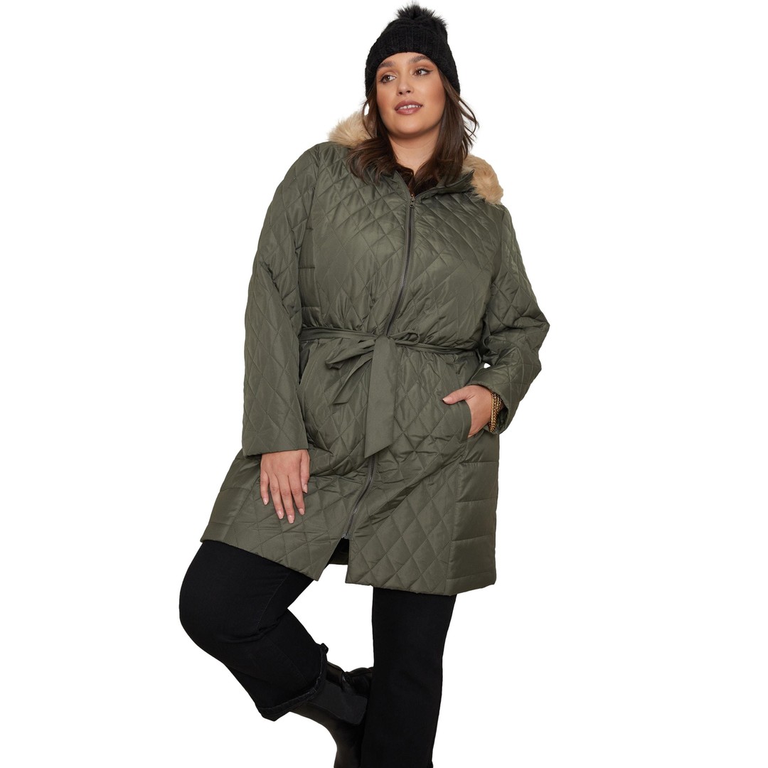 Womens Autograph Woven Longline Belted Puffer Coat - Plus Size, Green, hi-res