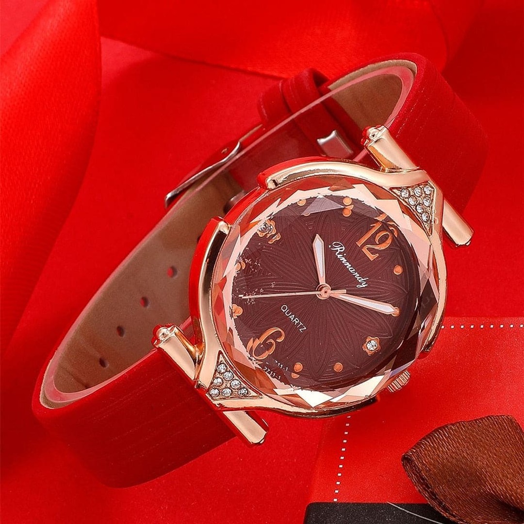 5pcs Set Watches Women Leather Band Ladies Watch Simple Casual Womens Analog WristWatch Bracelet, Red, hi-res