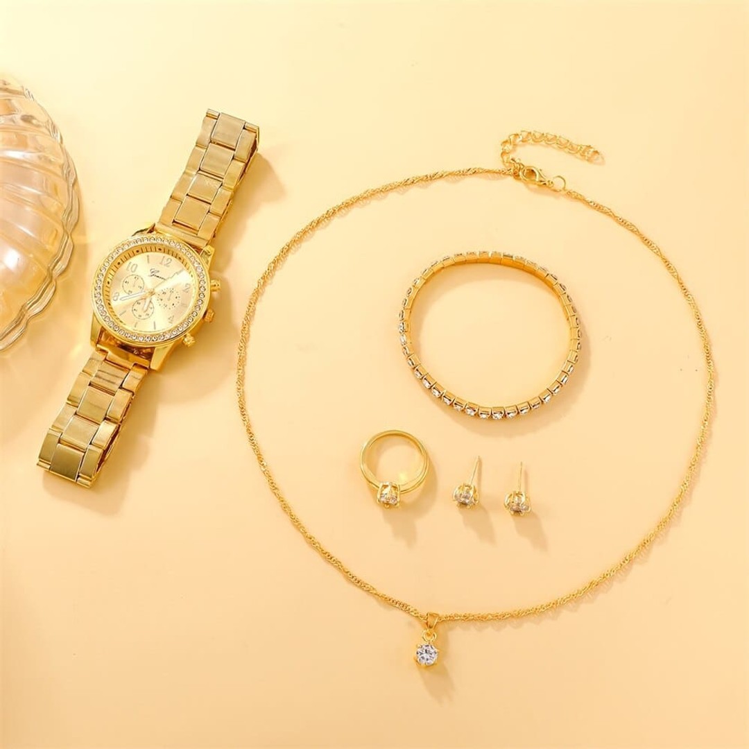 6PCS Set Watch Women Ring Necklace Earring Rhinestone Fashion Wristwatch Casual Ladies Watches Bracelet Set Clock