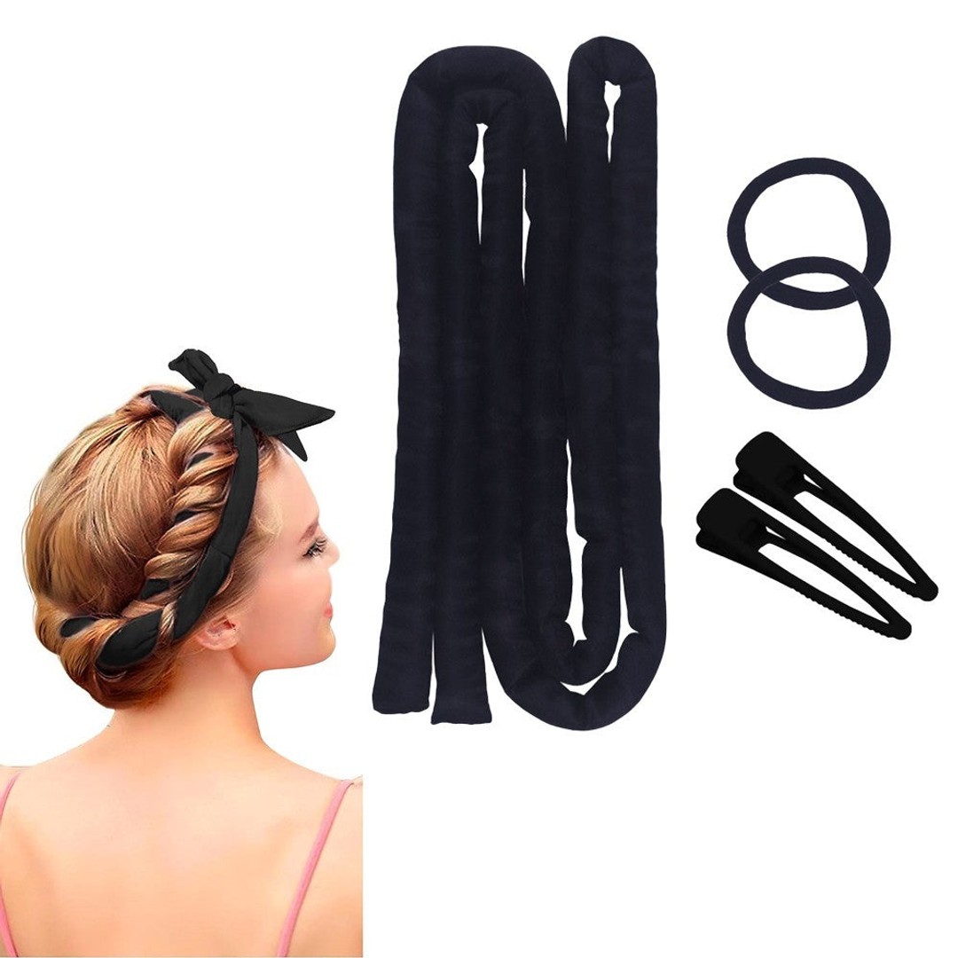 1.6M Heatless Hair Curling Rod Set Long Hair No Heat Curls Headband - Black