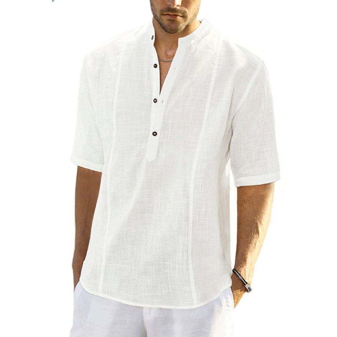 Men's Causal Henley Shirt Half Sleeve Hippie Summer Beach T Shirts -White