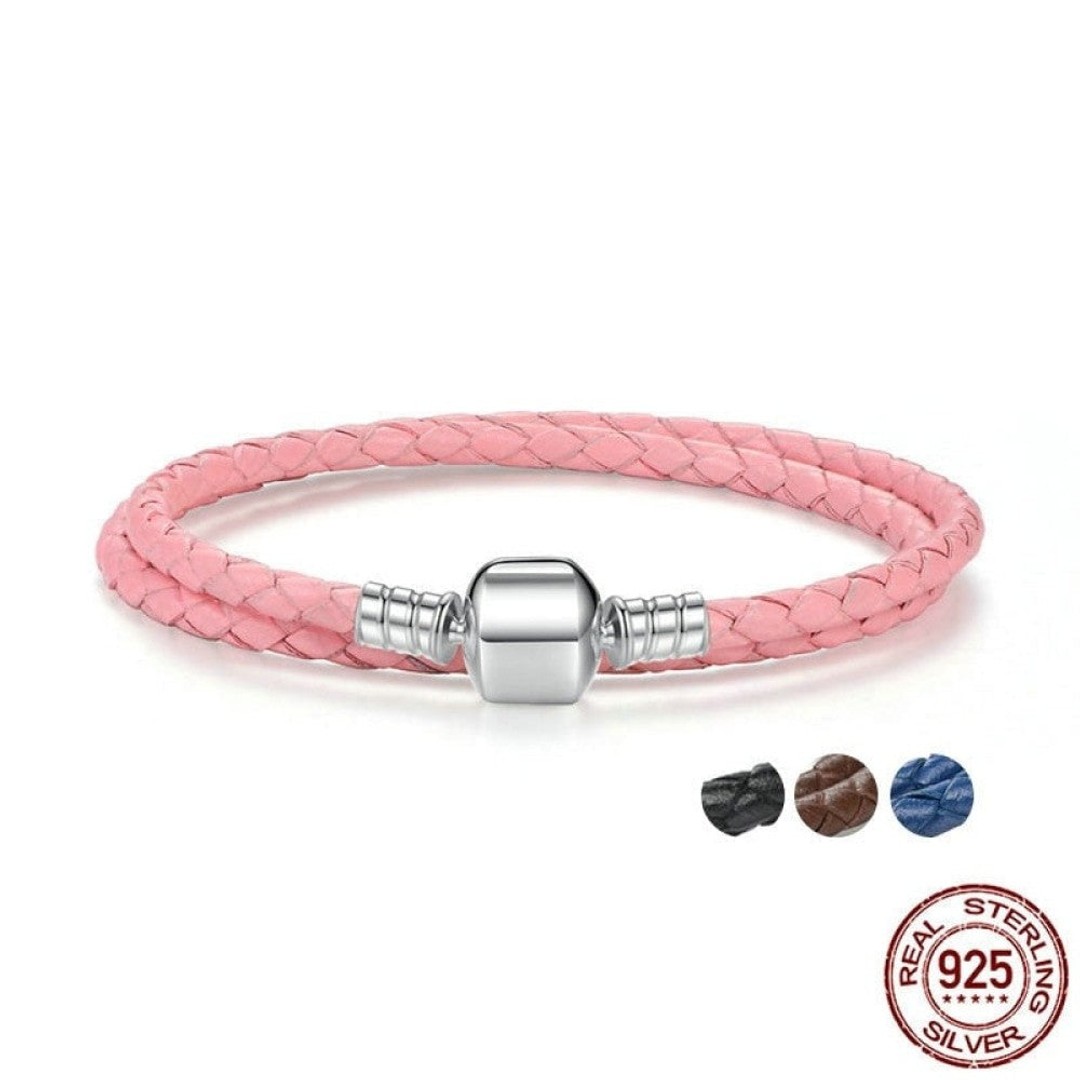 925 Sterling Silver Long Double Pink Black Braided Leather Chain Women Bracelets, Pas910, hi-res