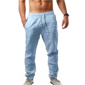 Men's Cotton Linen Pants Breathable Loose Drawstring Yoga Trousers-Light Blue