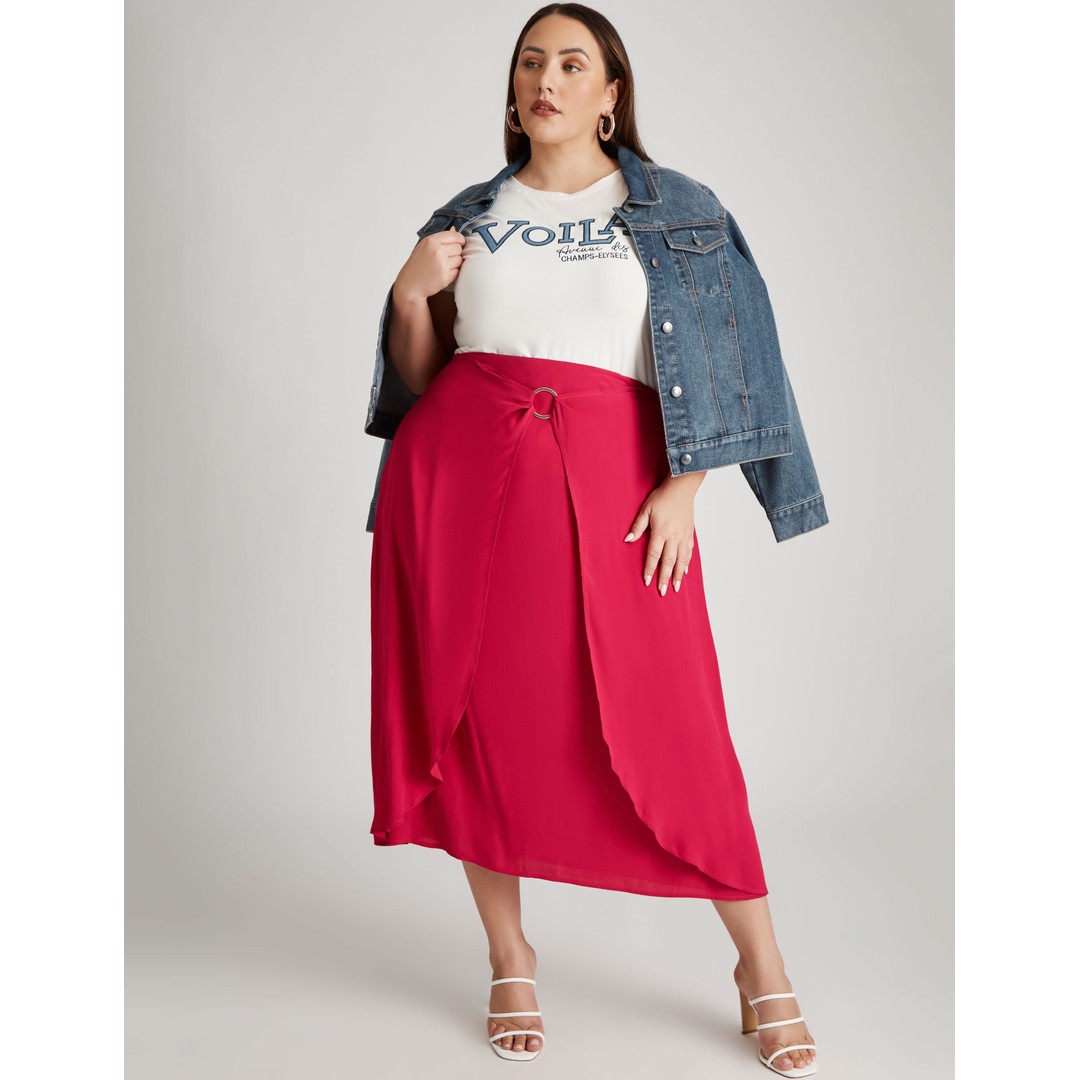 BeMe - Plus Size - Womens Skirts - Midi - Summer - Purple - Straight - Clothing - Berry - Relaxed Fit - Wrap Detail - Knee Length - Casual Fashion