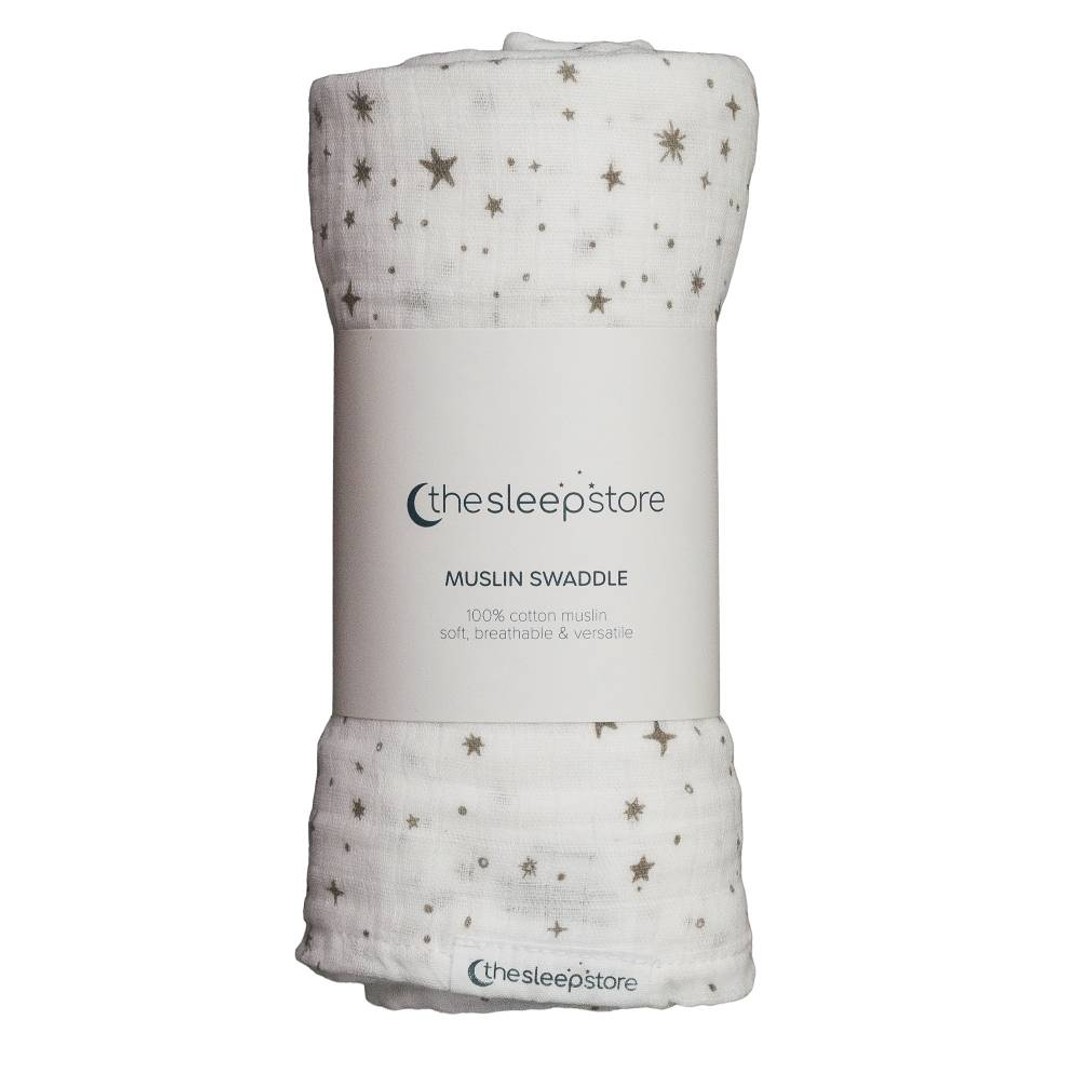 The Sleep Store Deluxe Muslin Swaddle, White + Grey Stars, hi-res