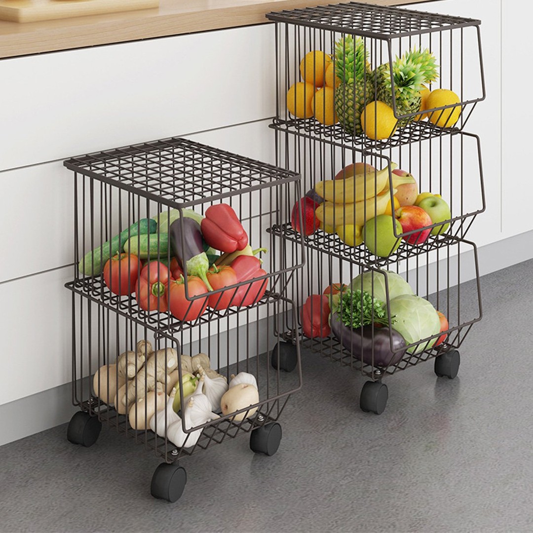 3 Tier Kitchen Rolling Cart Fruit Vegetable Basket Stand Brown, As shown, hi-res
