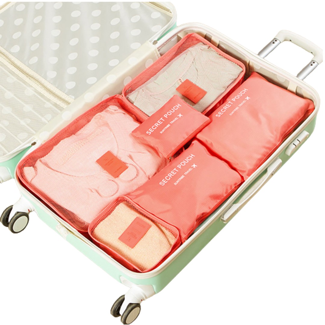 6-Piece Packing Pouch Suitcase Clothes Storage Bags Travel Luggage Organizer Set-watermelon red