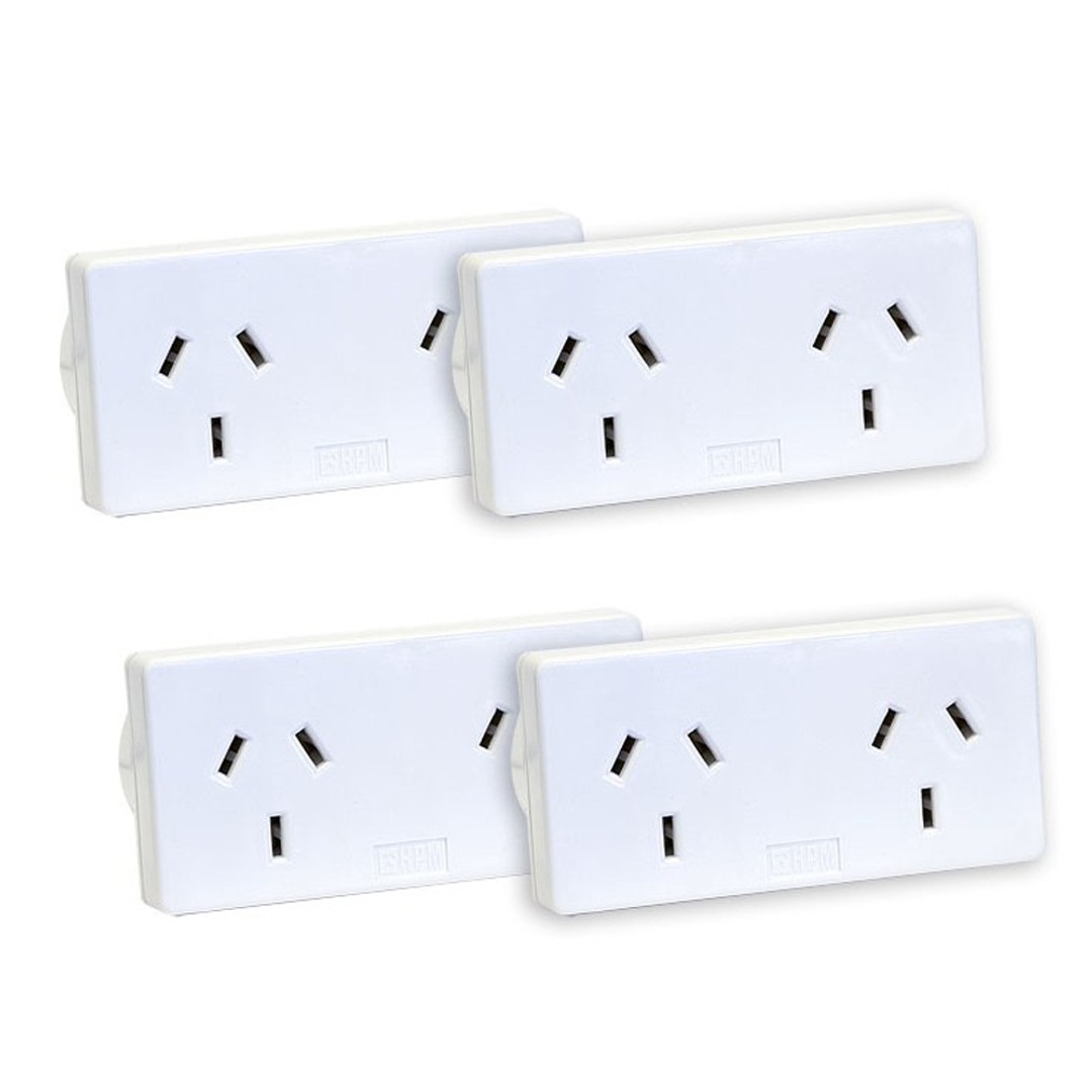4PK HPM Double 10A Adaptor/Adapter Mains Power Twin Pack Right & Left Turn White