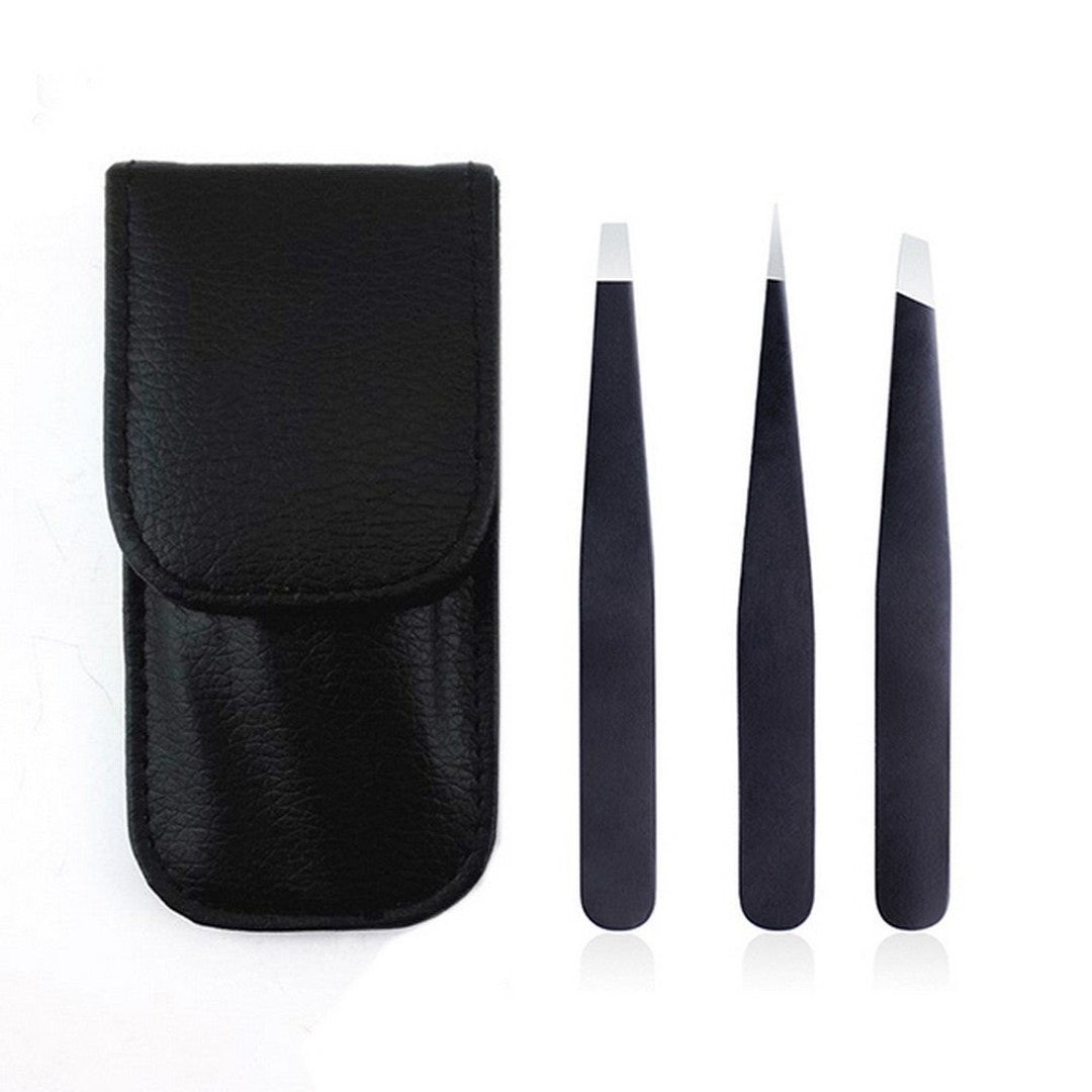 Set of 3Pcs Eyebrow Tweezers with Storage Pouch Black