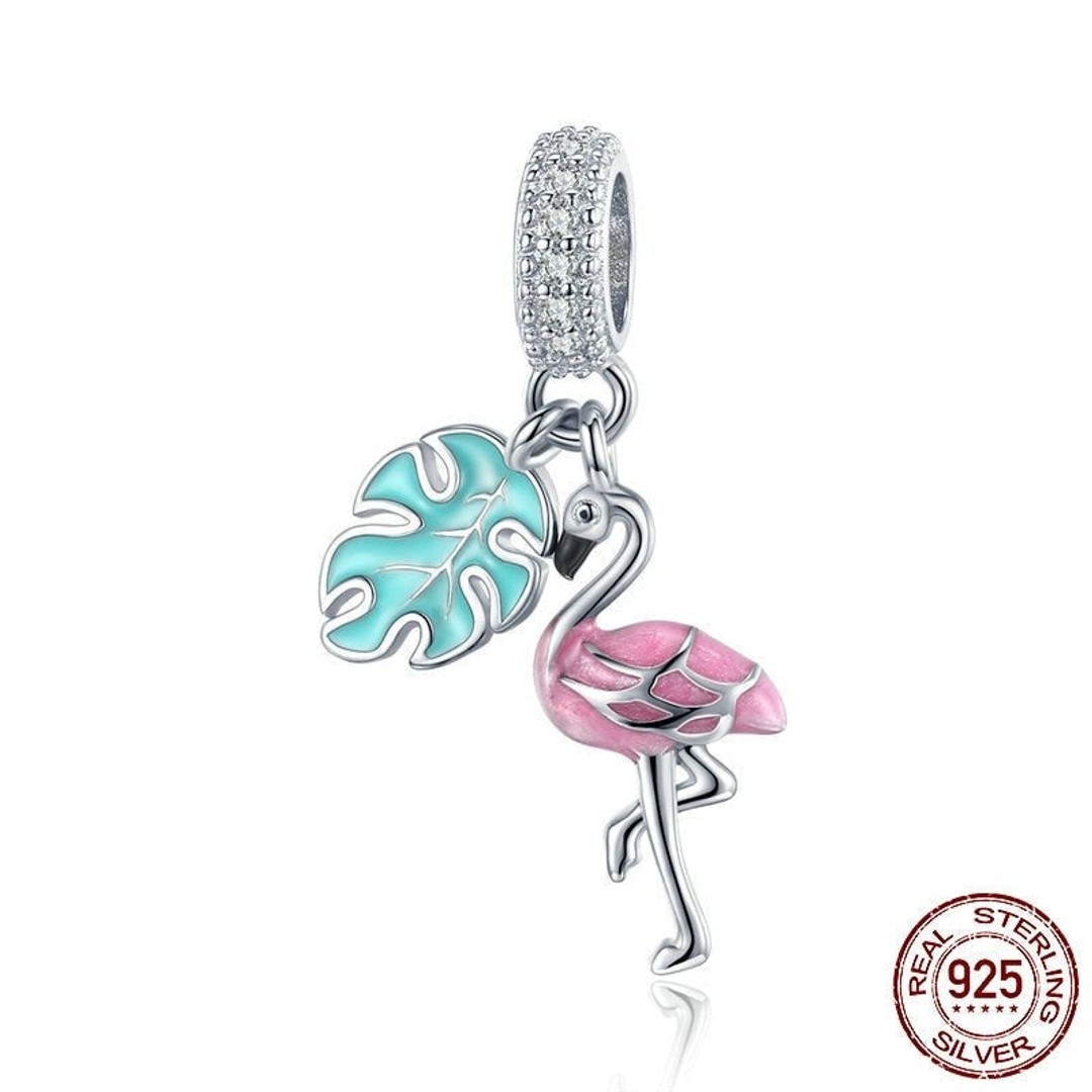 925 Sterling Silver Enamel Pink Flamingo Pendant Charms For Women 3Mm Snake Bracelet Or Necklace Diy