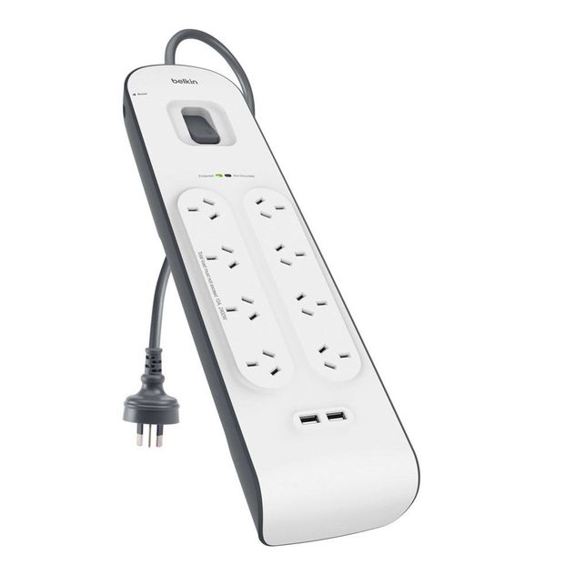 Belkin 8 Way Outlet Surge Plus Protector Board 2M Cord Cable 2 USB Ports 2.4A 
