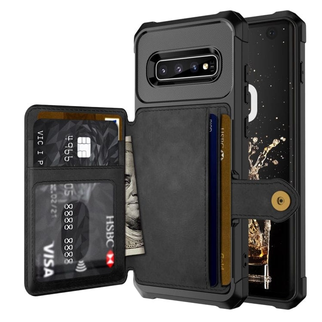 Samsung Galaxy S10 Shockproof TPU Raised Bezel Wallet Cover, Card Holder/Stand, Dome Clasp