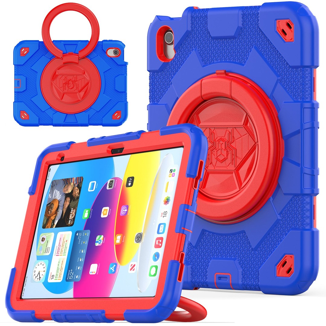 iPad 10th Gen 10.9 inch Rotatable Handle Bracket & Shoulder Strap Shockproof Kids Super-Hero Case-Blue&Red