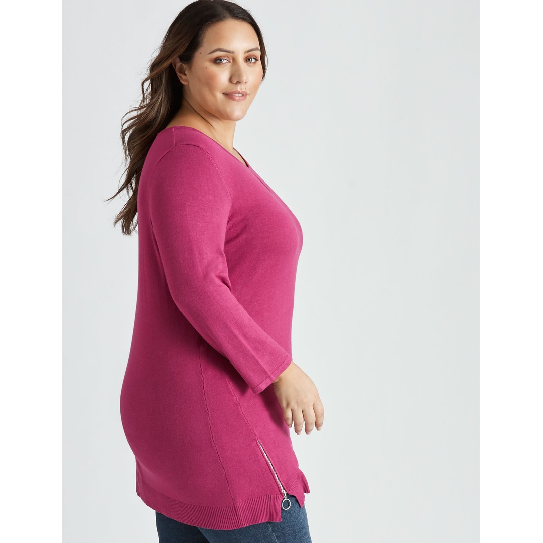 Womens Beme 3/4 Sleeve Hoop Neck Zipped Jumper - Plus Size, Pink, hi-res