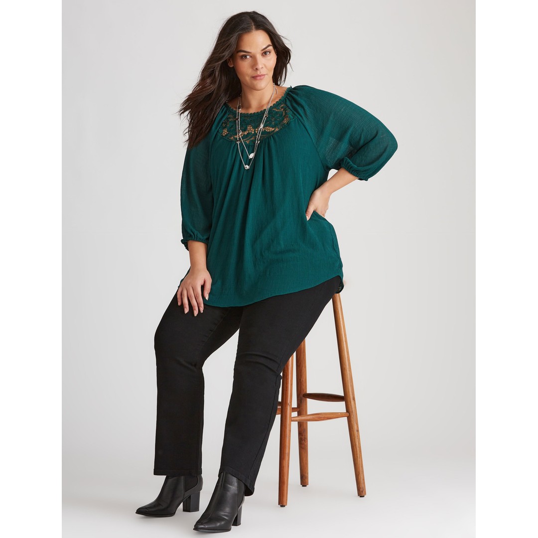 Womens Autograph Woven 3/4 Sleeve Lace Insert Top - Plus Size, Green, hi-res