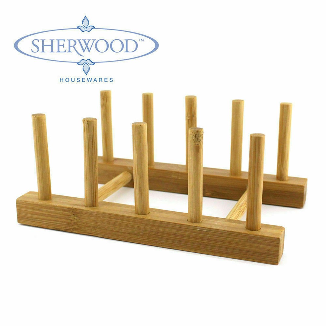 Sherwood Home 2 Pack Bamboo Standing Plate Rack - Natural Brown - 18x11.5x7.5cm, Natural Brown, hi-res