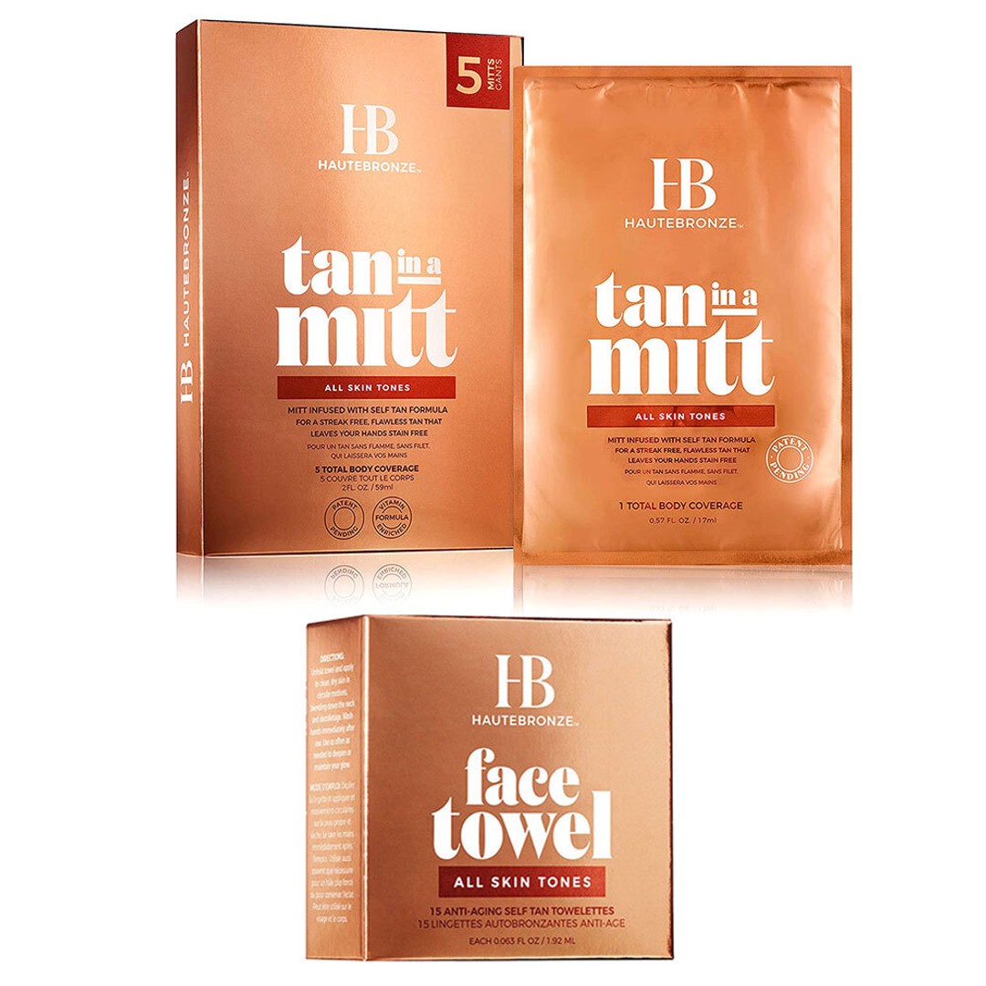 5pc Haute Bronze Tan-in-a-Mitt/15pc Face Towelettes Self-Tanning All Skin Tones