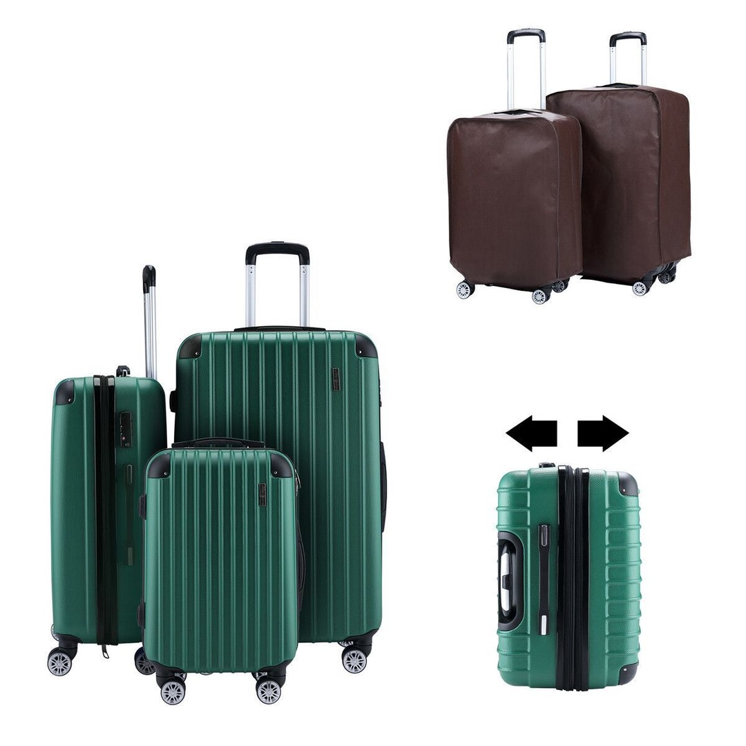3 Piece Luggage Set Carry On Suitcases Travel Cabin Bags Hard Shell Case with Wheels Lightweight Rolling Trolley TSA Lock 2 Covers Green