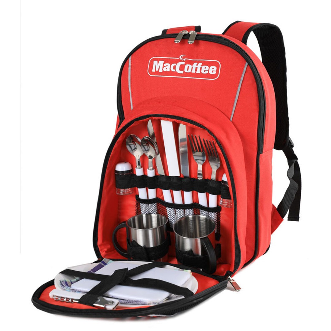 Mac Coffee 2 Person Picnic Bag/Backpack Steel Mugs/Cutlery/Knives/Forks Red