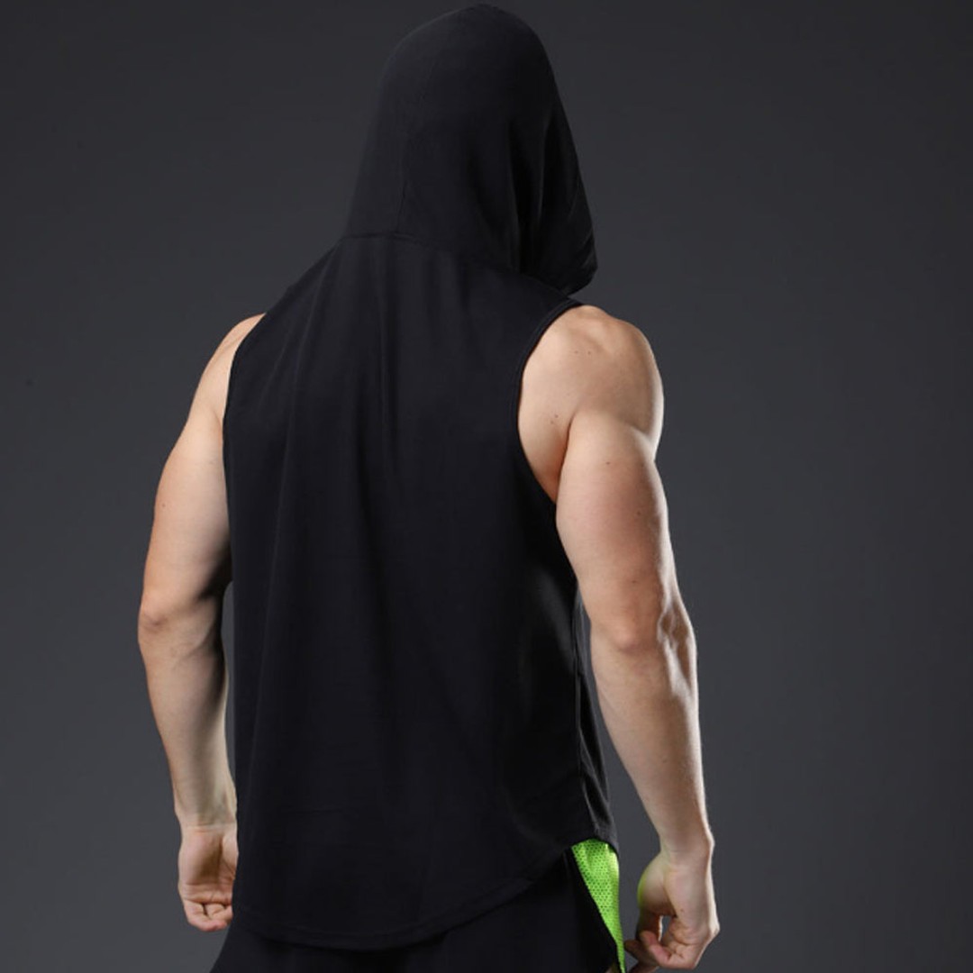 Men Workout Hoodie Sleeveless Vest-Black