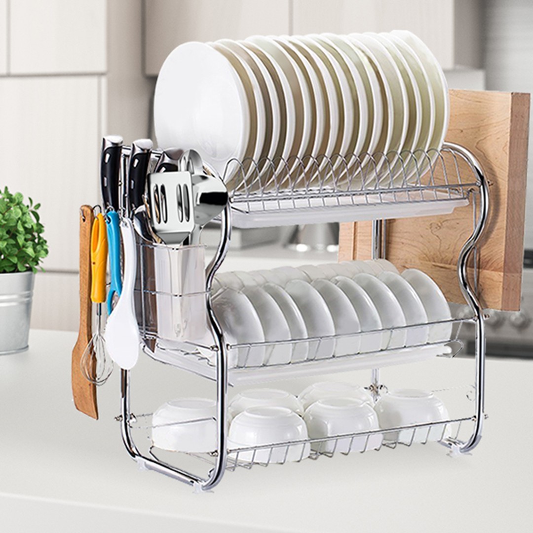 TOQUE Dish Rack Drying Drainer Cup Holder Cutlery Tray Kitchen Organiser 3 Tier
