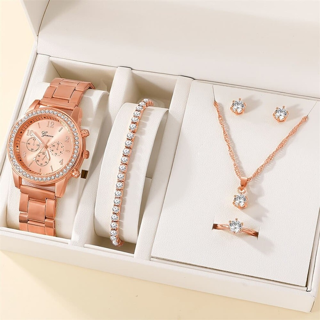 6PCS Set Watch Women Ring Necklace Earring Rhinestone Fashion Wristwatch Casual Ladies Watches Bracelet Set Clock, 6Pcs Gold Set, hi-res