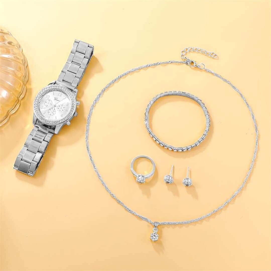 6PCS Set Watch Women Ring Necklace Earring Rhinestone Fashion Wristwatch Casual Ladies Watches Bracelet Set Clock, 6Pcs Silver Set, hi-res