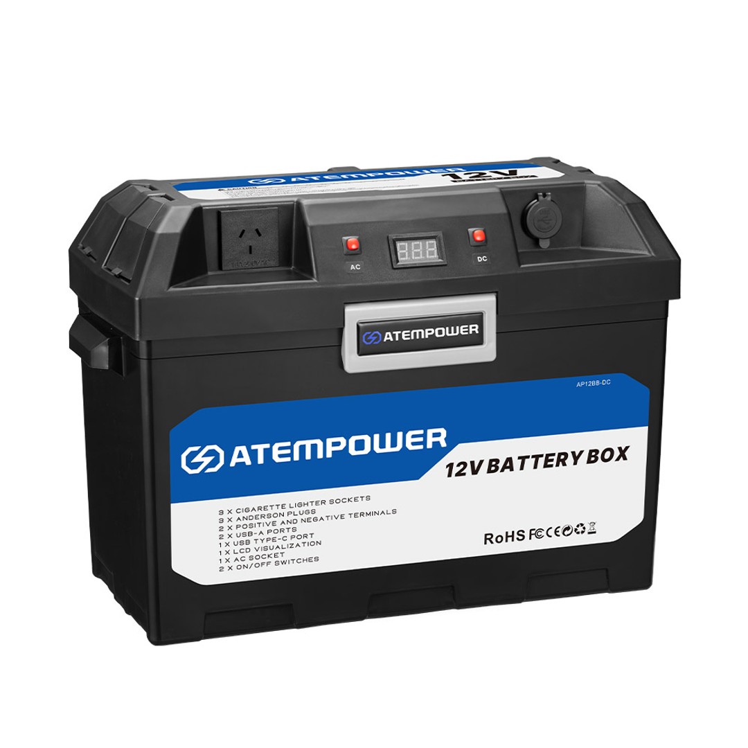 ATEM POWER Battery Box With Inverter Deep Cycle Battery Portable Caravan Camping, , hi-res