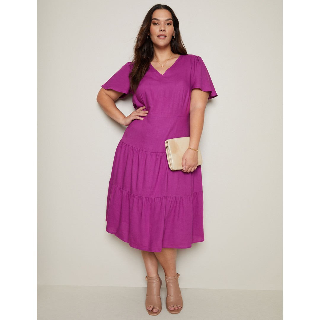 AUTOGRAPH - Plus Size - Womens Midi Dress - Purple - Summer Linen Wrap Fashion - Berry - Short Sleeve - solid - Tiered  - Women's Clothing