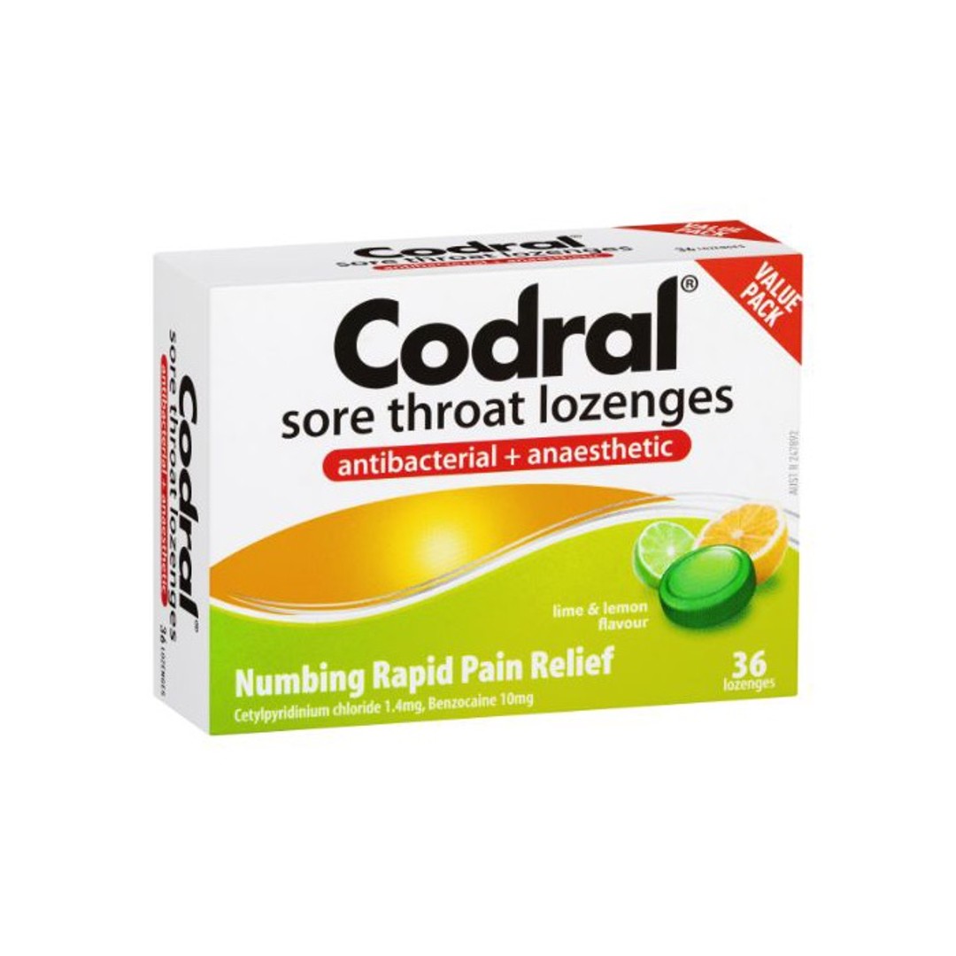 Codral Sore Throat Lozenges Antibacterial + Anaesthetic Lime Lemon 36 Pk