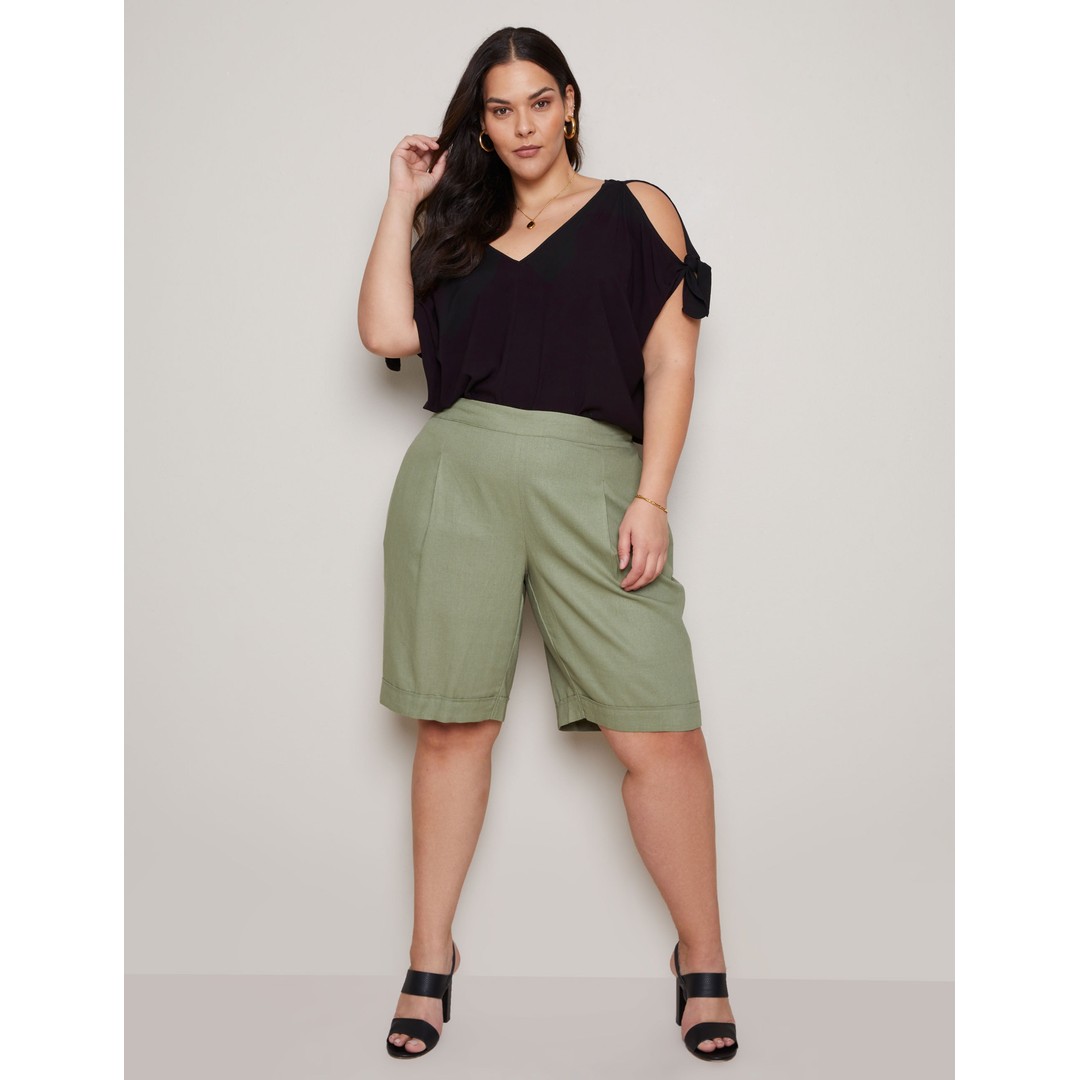 AUTOGRAPH - Plus Size - Womens Green Shorts - Summer - Linen - Knee Length - Khaki - Bermuda - High Waist - Elastic Waist - Casual Work Wear - Comfort