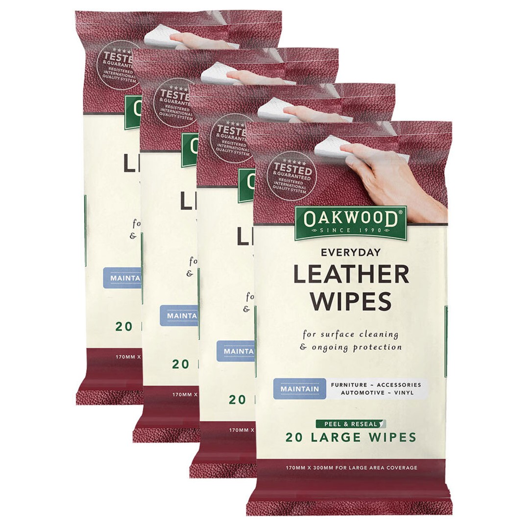 4x 20pc Oakwood Everyday Leather Wipes 170mmx300mm Surface Clean Fresh Protected