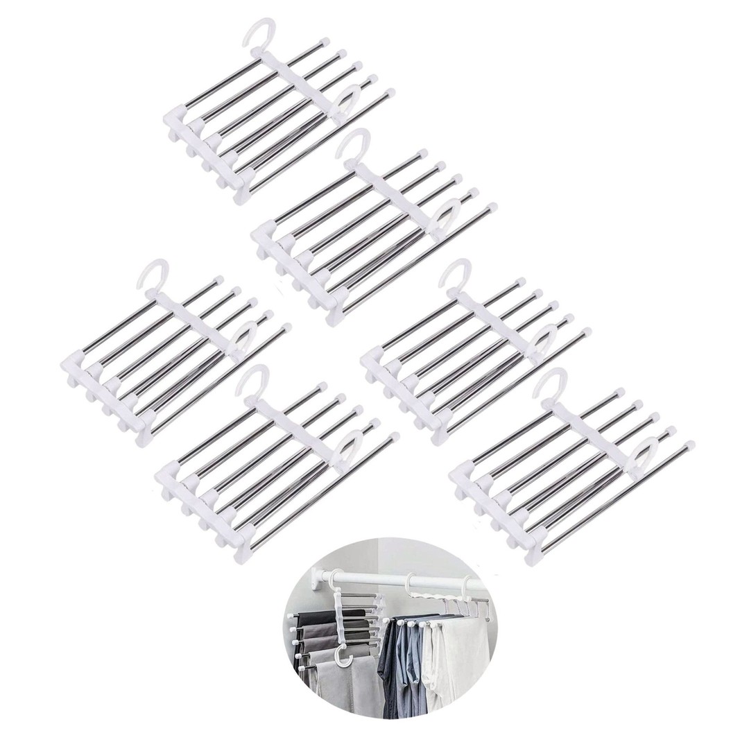 6 Pack Stainless Steel Adjustable 5 in 1 Pants Hangers Non-Slip Space Saving for Home Storage, Brown, hi-res