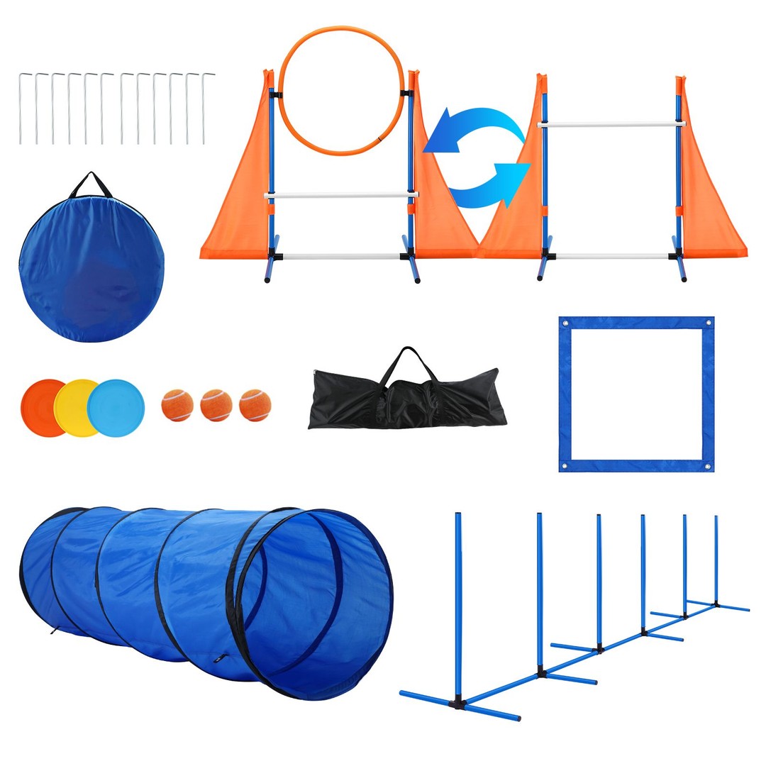 Dog Agility Equipment Obstacle Training Course 7 Set Pet Toys Supplies Hurdle Jump Tire Tunnel Pause Box Weave Poles Frisbees Balls Carry Bags