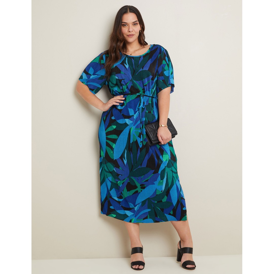 AUTOGRAPH - Plus Size - Womens Midi Dress - Blue - Summer Casual Beach Fashion - Blue Green Leaf - Short Sleeve - Camo - Plisse Pleat  - Clothing