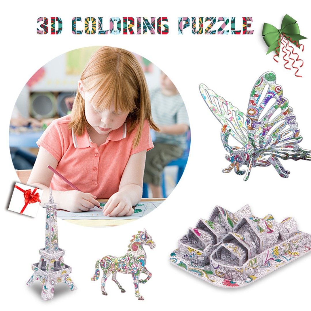 3D Coloring Puzzle Set 6Pack Puzzles with 24 Pen Markers-TypeA