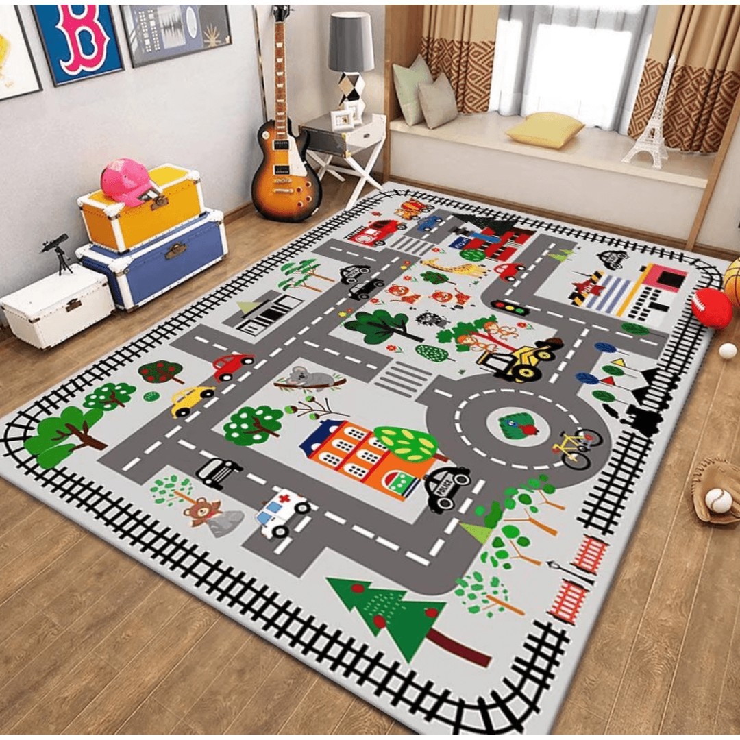 Taylorson Kids Road Map Rug | Play Mat | Car Track Mat - Railway (160x80cm)